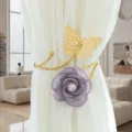 Fermatenda farfalla oro fiore viola, elegante supporto per tenda in metallo decoro casa. - Fiore Viola (Oro)