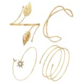 Fashion gold metal arm cuffs set of four, featuring geometric intersecting lines and leaf designs. - S60 Four Piece Set / Gold