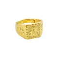 Gold plated signet ring with traditional blessing character detail for hip hop fashion wear. - Fu Character Relief Square Open Ring / Gold