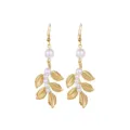 Elegant gold pearl leaf drop earrings detail, stunning dangling jewelry piece for women. - Pearl Leaf Earrings