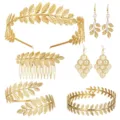Gold leaf bridal tiara headband hair comb pearl earrings set goddess hair accessories - Full Headband Hair Comb Bracelet Earrings Combo (S53)