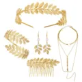 Gold leaf bridal headband hair comb earrings body chain jewelry set for women style - Headband Bracelet Earrings Hair Comb Body Chain Luxury Set (S56)