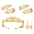 Gold leaf jewelry set including goddess headband arm cuffs and pearl dangle earrings - Headwear Bracelet Earrings Set (S52)