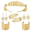 Gold leaf headband pearl earrings cuff bracelet set bridal goddess costume jewelry. - Headband Armlet Earrings Bracelet Multi-Piece Set (S54)