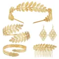 Gold leaf hair headband earrings arm cuff set, elegant goddess bridal jewelry fashion accessories. - Headband Armlet Hair Comb Earrings Accessories Set (S55)