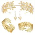 Gold leaf pearl bridal tiara earrings bracelet set for wedding goddess hair accessories. - S70 Clover Upper Arm Bangle Set