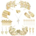 Gold leaf pearl bridal jewelry set including tiara headband earrings and bracelet collection. - Headband Hair Comb Bracelet Earrings Ring Multi-Piece Set (S65)