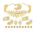 Gold leaf bridal hair accessories set including headband, bracelet, earrings and hairpins. - Style S74