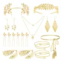 Gold bridal leaf headband goddess hair comb necklace earrings bracelet tassel belt jewelry set - Headband Hair Comb Earrings Necklace Bracelet Belt Combo (S66)