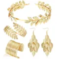 Gold leaf crown cuff bracelet and dangle earrings set for bridal wedding party fashion. - Headband Bangle Thin Bracelet Earrings Combo (S68)