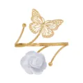 Gold metal arm cuff bracelet featuring a hollow butterfly and elegant white fabric flower design. - Bleached White Gold