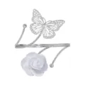 Silver metal arm cuff with hollow butterfly and white rose flower, adjustable open bicep bracelet. - Bleached White Silver