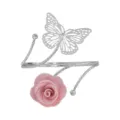 Silver metal arm cuff featuring cutout butterfly and pink fabric rose flower design, adjustable. - Pink and Silver