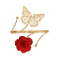 Gold metal arm cuff featuring hollow butterfly and red fabric rose flower design. Adjustable. - Red & Gold