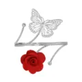 Fashion metal arm cuff with silver butterfly and red fabric rose, adjustable open design. - Red & Silver