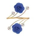 Adjustable gold metal arm cuff featuring elegant blue fabric rose flowers and white pearls. - Blue