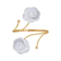 Gold open arm cuff bracelet featuring elegant white fabric floral camellia flower details. - Pure White & Gold