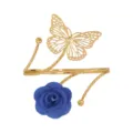 Fashion metal arm cuff with hollow butterfly and blue fabric rose flower open adjustable design. - Blue Gold