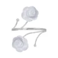 Adjustable silver open metal arm cuff bracelet with elegant white fabric flower decor. - Pure White Silver
