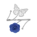 Silver metal open arm cuff bracelet with hollow butterfly and blue fabric rose flower decor. - Blue Silver