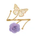 Gold metal arm cuff with hollow butterfly and purple fabric flower, adjustable open bangle design. - Purple Gold