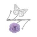 Silver arm cuff bracelet with butterfly and purple fabric rose flower, adjustable open design. - Purple Silver