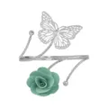 Silver metal bicep bracelet featuring a hollow butterfly and green fabric rose flower design. - Green Silver
