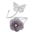 Silver metal open upper arm cuff bracelet featuring a hollow butterfly and grey fabric rose flower. - Purple Flower (Silver)