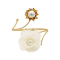 Gold metal curtain tieback with white fabric camellia flower and pearl decor, adjustable. - White and Gold