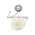 Metal curtain buckle with fabric flower and pearl, adjustable open tieback for home decor. - White And Silver