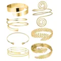 Gold arm cuff set for women, adjustable metal upper arm bracelets, leaf and snake fashion jewelry. - 7-Piece Set / Gold