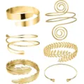 Gold metal arm cuff set for women, bohemian leaf spiral open upper arm bracelet jewelry. - 6-Piece / Gold