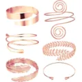 Set of 6 elegant rose gold metal arm cuffs, featuring leaf, feather, and spiral adjustable designs. - 6-Piece / Rose Gold