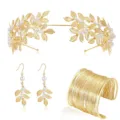 Set di gioielli da sposa dorati con cerchietto orecchini e bracciale con foglie perle - Set dorato (singolo braccialetto)