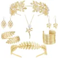 Set di gioielli con foglie dorate e perle, cerchietto, collana, orecchini e bracciale da sposa. - Set cerchietto, collana, orecchini e bracciale
