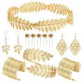 Elegante set di gioielli con cerchietto orecchini bracciale a foglia d'oro sposa - Set di cerchietti con foglie rotonde