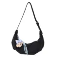 Sac bandoulière croissant noir pour femme, sac à main tendance avec joli pendentif ours en peluche. - Avec Pendentif / Noir