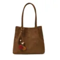 Grand sac cabas marron en daim pour femme, sac à épaule vintage avec pompon mignon. - Avec Pendentif / Marron