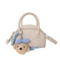 Petit sac Boston beige avec adorable porte-clé chiot en peluche, sac à main tendance pour femmes. - Avec Pendentif / Blanc
