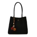 Grand sac cabas en suédine noire pour femme, sac porté épaule élégant avec charmant pompon. - Avec Pendentif / Noir