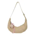Chic beige croissant shoulder bag with cute plush charm, trendy casual crossbody bag. - Yellow