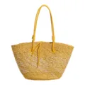 Sac cabas en paille jaune pour femmes, grand sac de plage fourre-tout avec anses en cuir. - Jaune