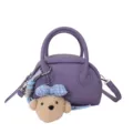 Purple leather Boston bag for women, chic shell crossbody bag with cute bear pendant. - Purple