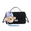 Sac à bandoulière matelassé noir avec chaîne et joli pendentif ours en peluche pour femmes mode - Avec Pendentif / Noir