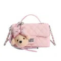 Pink quilted top handle shoulder bag with cute teddy bear charm and chain strap for women. - Pink