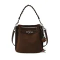 Vintage brown suede bucket bag with woven handle, chic shoulder crossbody design for women. - Suede Curry