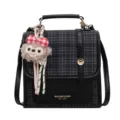 Sac à bandoulière pour femme en cuir PU à carreaux noirs avec pendentif renard en peluche. - Avec Pendentif / Noir