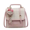 Korean style colorblock women's shoulder bag with cute plush charm retro crossbody purse - Pink and White