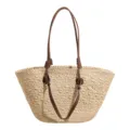 Sac à bandoulière tissé en paille rétro, grand sac de plage, cabas de vacances décontracté. - Blanc Cassé