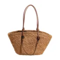 Sac à main bandoulière en paille tissée grande capacité rétro décontracté pour plage voyage été. - Kaki
